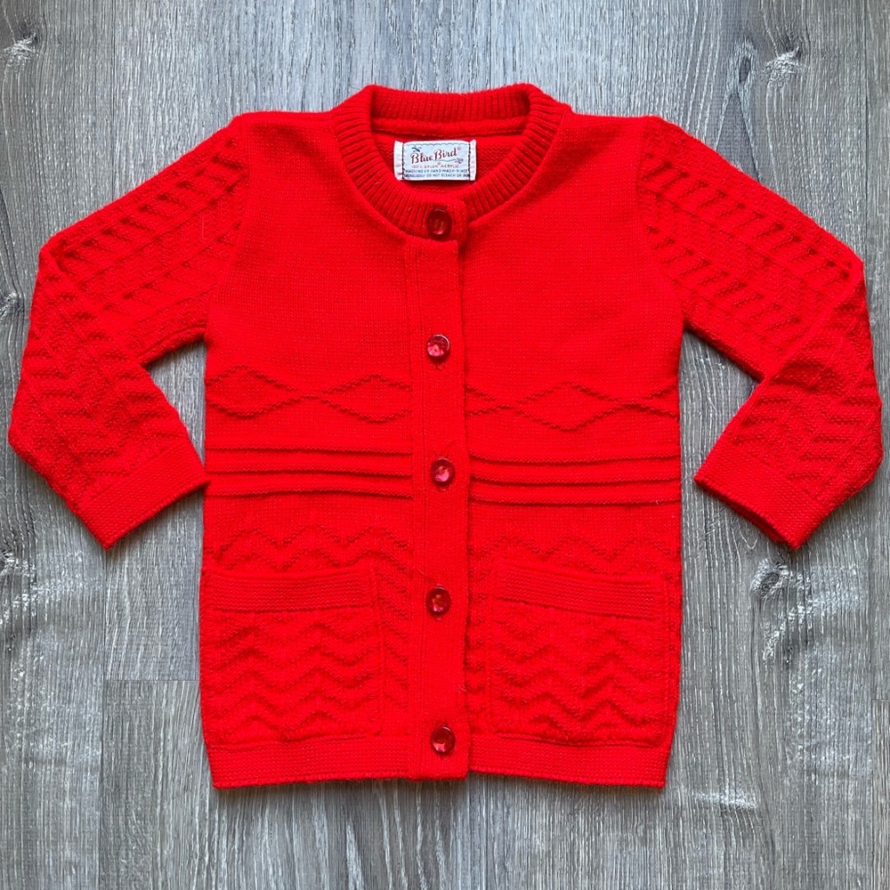 Vintage Blue Bird Bright Red Knit Sweater, 1970’s size 2T